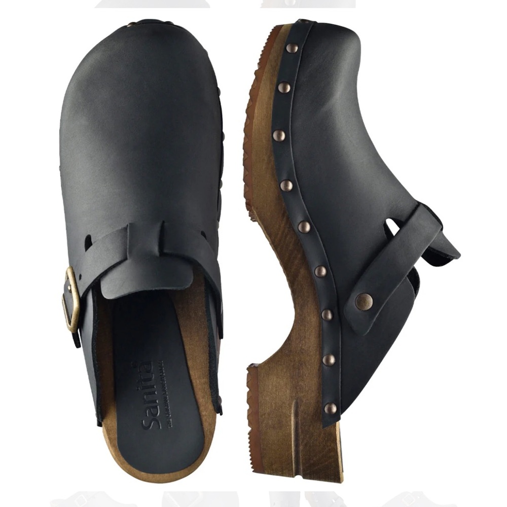 Sanita Kristel Black Nubuck Leather Wood Studded Clog Mule Shoes w/ Buckle - Picture 14 of 15